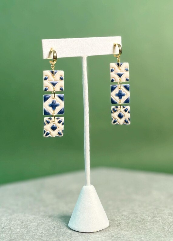Painted Tile Clay Earrings, Teal Mediterranean Style Tile Hoops Lightweight, Romantic Summer Vacation Jewelry