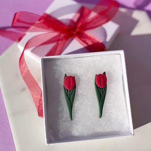 Tulip Statement Stud Earrings, Cute Holiday Floral Earring, Lightweight Red and Green Polymer Clay Studs