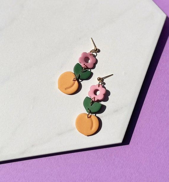 Peach Blossom Earrings, Cute Fruit Summer Earring Handmade, Lightweight Tiny Food Polymer Clay Accesories