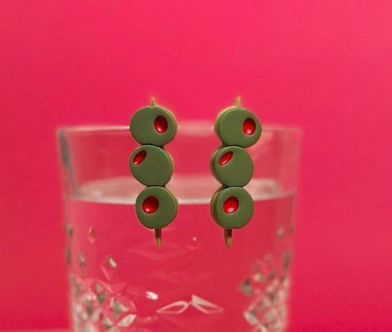 Olive Skewer Statement Stud Earrings, Green Olives Lightweight Polymer Clay Earring, Food Martini Lover Gift Idea