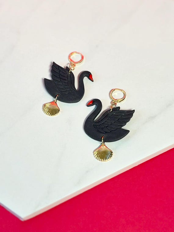 Black Swan Hoop Earrings, Elegant Seashells and Swans Gold French Lever Back Huggie Hoops, Lightweight Polymer Clay Earrings