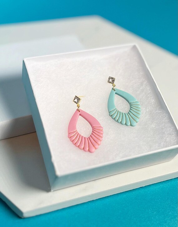 Elegant Shell Art Deco Drop Earrings, Teardrop Blue Pink Gold Jewelry, Lightweight Polymer Clay Earrings
