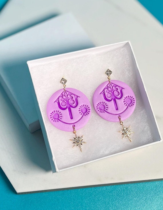 Mary Blair Inspired Disney Earrings, Clock Face Dangle, Gold Starburst