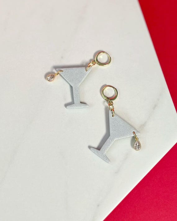 Martini Glass Hoop Earrings: Glitter Polymer Clay, Gold Charm