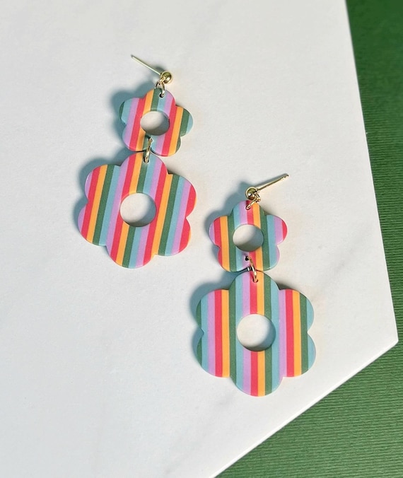 Mod Flower Earrings, Rainbow Double Floral Polymer Clay Cute Jewelry, Lightweight Retro Inspired Dangle and Drop Earrings