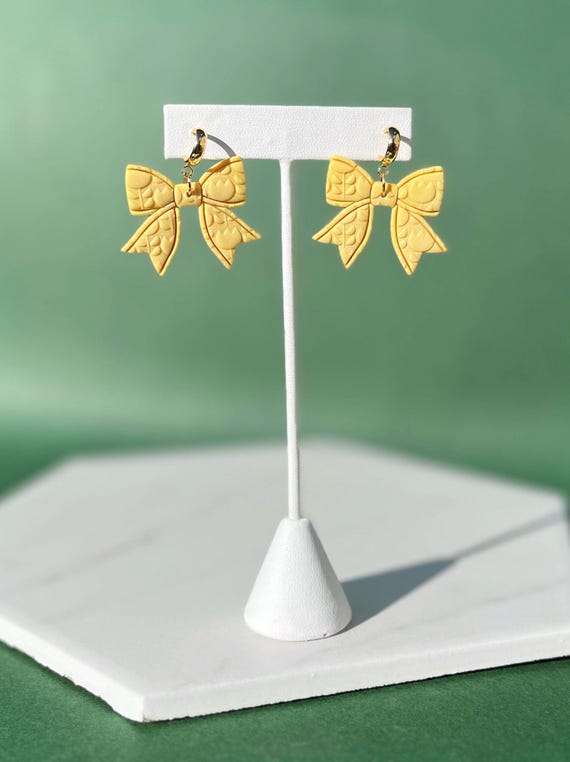 Yellow Tulip Bow Hoop Earrings, Wizard of Oz Wicked Inspired Yellow Brick Road Huggie Hoops, Feminine Subtle Lightweight Clay Earrings