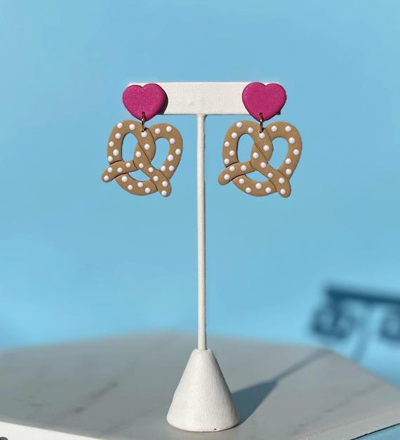 Soft Pretzel with Heart and Salt Drop Earrings, Cute Lightweight Food Lover Earring, Crazy Ex Girlfriend Show Inspired Jewelry