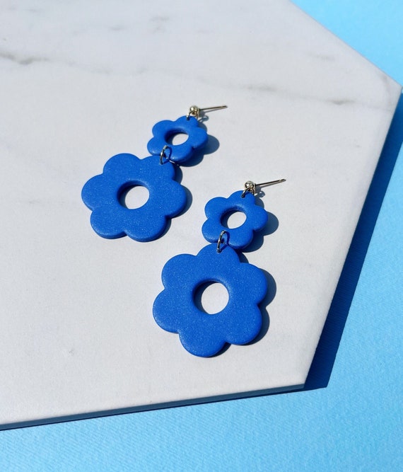 Mod Flower Earrings, Pink Double Floral Polymer Clay Cute Jewelry, Lightweight Retro Inspired Dangle and Drop Earrings