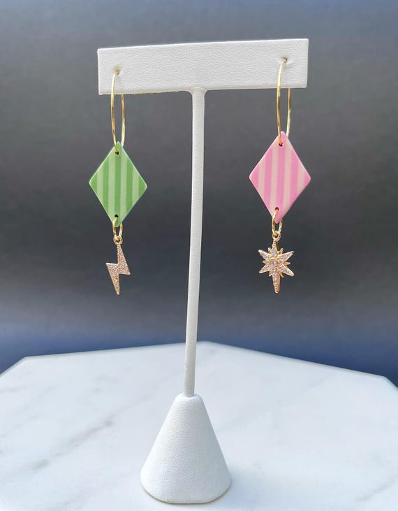 Pink or Green Striped Diamond Earrings, Wicked Inspired Hoop Earring, Musical Theatre Lover Gift, Elphaba Glinda Stripe Gem Charm Hoops