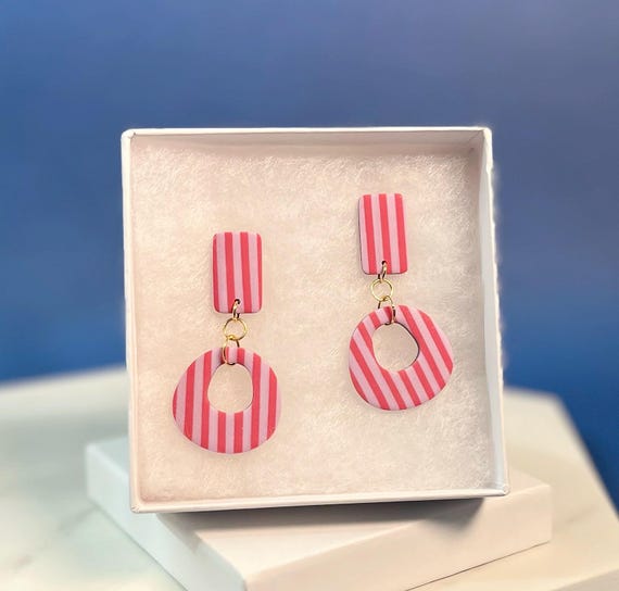 Mid Century Style Striped Circle Earrings, Mod Colorful Dangle and Drop Statement Jewelry