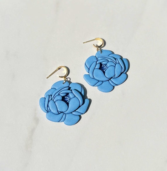 Blue Peony Statement Earrings, Feminine Detailed Polymer Clay Hoops, Gift for Her Idea, Romantic Summer Jewelry