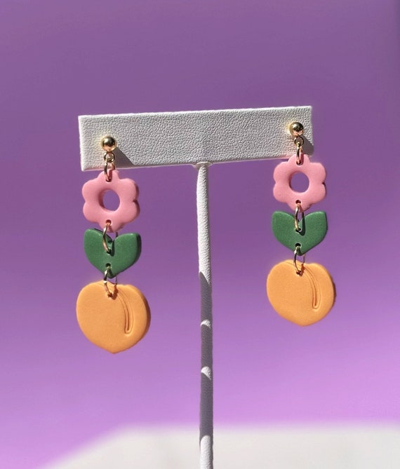 Peach Blossom Earrings, Cute Fruit Summer Earring Handmade, Lightweight Tiny Food Polymer Clay Accesories