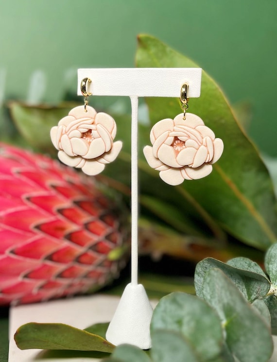 White Peony Statement Earrings, Elegant and Detailed Lightweight Polymer Clay Hoops, Spring Floral Lover Gift Idea for Her