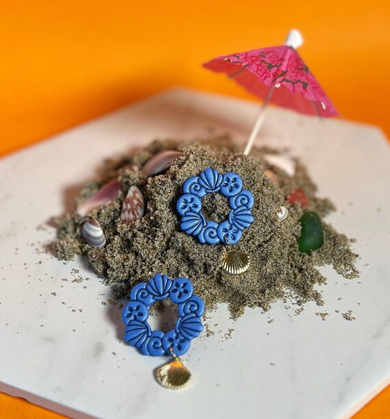 Seashell Hoop Statement Earrings, Cobalt Blue Lightweight Polymer Clay Dangle and Drop Earrings, Cute Summer Vacation Beachy Jewelry