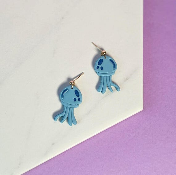 Cartoon Jellyfish Earrings, SpongeBob SquarePants Inspired Blue Jellyfish Dangle and Drop Earring, Lightweight Polymer Clay Earrings