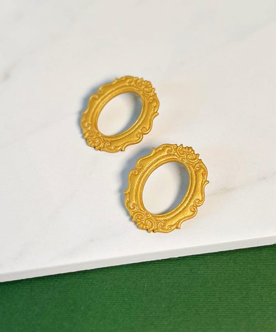 Elegant Picture Frame Statement Stud Earrings, Lightweight Polymer Clay Earrings, Femme Rococo Revival Oval Earring