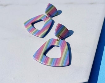 Pastel Rainbow Earrings, Striped Retro Mid Century Modern Statement Jewelry, Lightweight Polymer Clay Earrings, Cute LGBTQIA Gift Idea