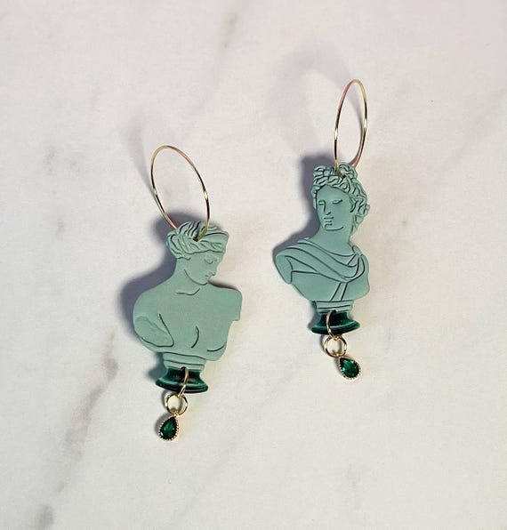 Apollo Artemis Hoop Earrings, Greek Inspired Elegant Clay and Gold Charm Jewelry, Mythology Classic Art Inspired Handmade Earrings