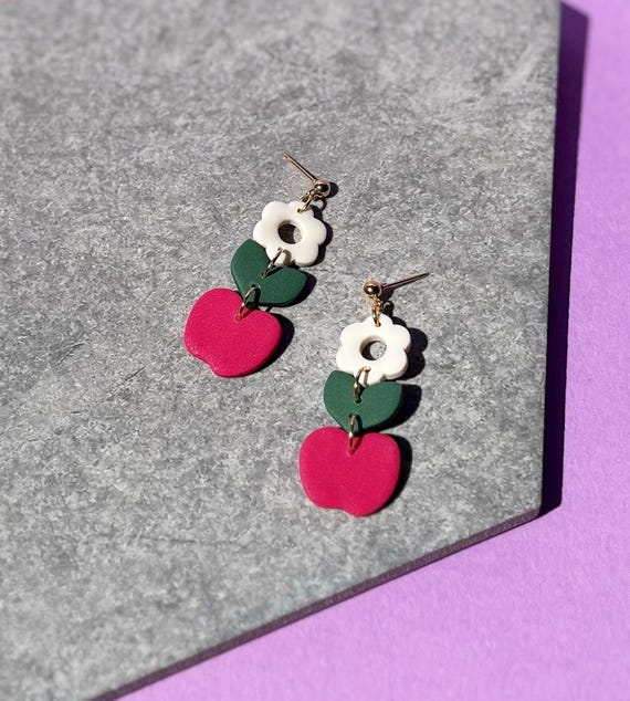 Apple Blossom Earrings, Cute Dangle Drop Fruit Earring, Gift Ideas for Teachers and Autumn Lovers, Apple Picking Accessories