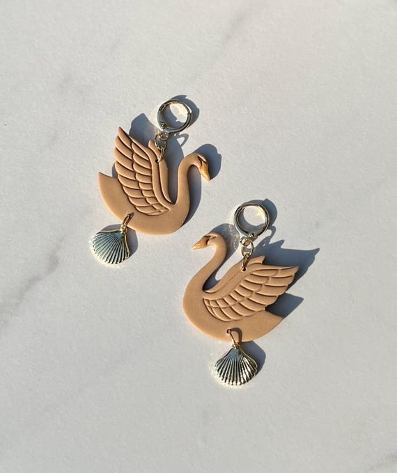 Elegant Swan Hoop Earrings in All Gold, Seashells and Swans Gold French Lever Back Huggie Hoops