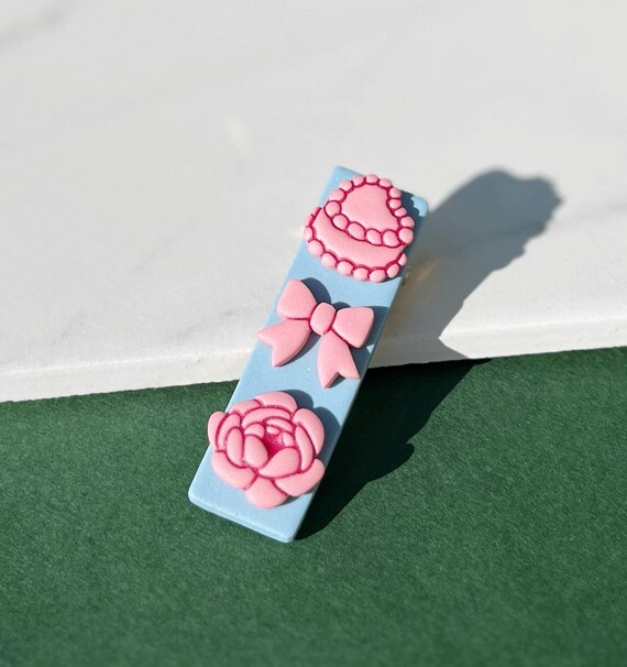Femme Rococo Revival Hair Clip, Pink and Blue Handmade Lightweight Hair Accessory, Peony Bow Heart Cake Cute Barrette