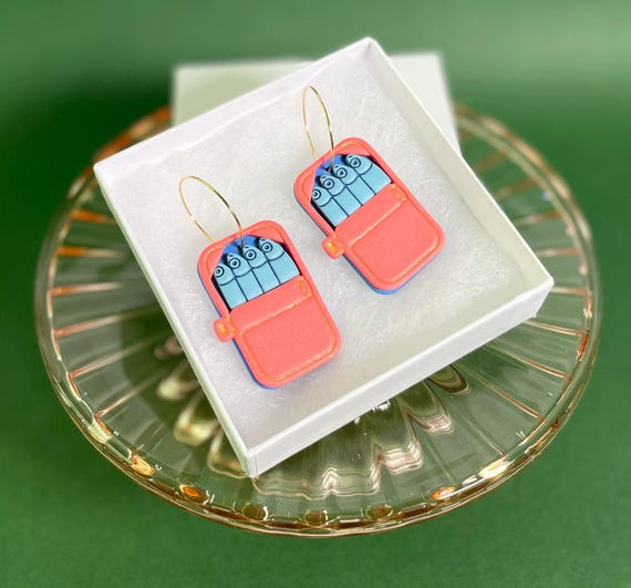 Sardine Tin Hoop Earrings, Whimsical and Bold Fish Hoops, Summer Statement Jewelry, Lightweight Polymer Clay Earring