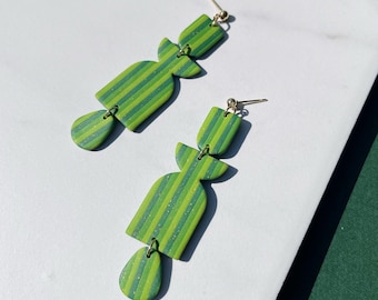 Green Striped Earrings, Retro Bauhaus Style Jewelry, Gold Leaf Statement Earrings