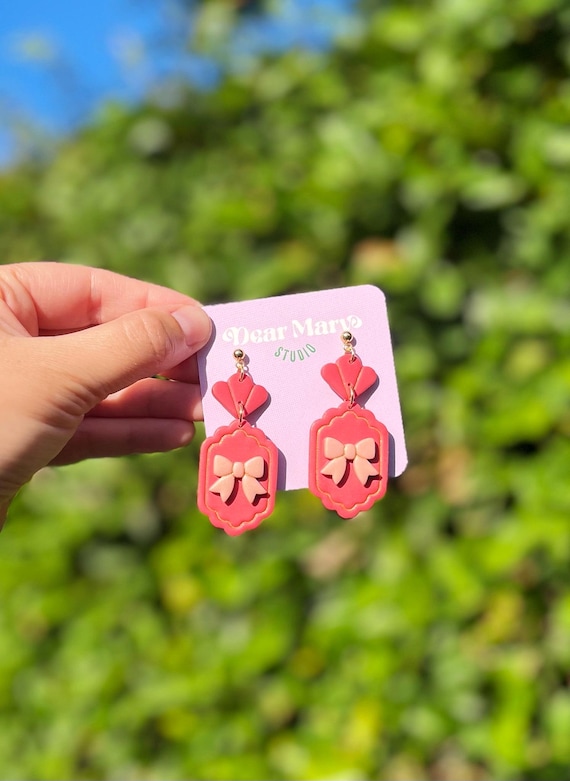 Handmade Bow Earrings: Lottie Princess and The Frog Inspired Polymer Clay Dangle Earrings