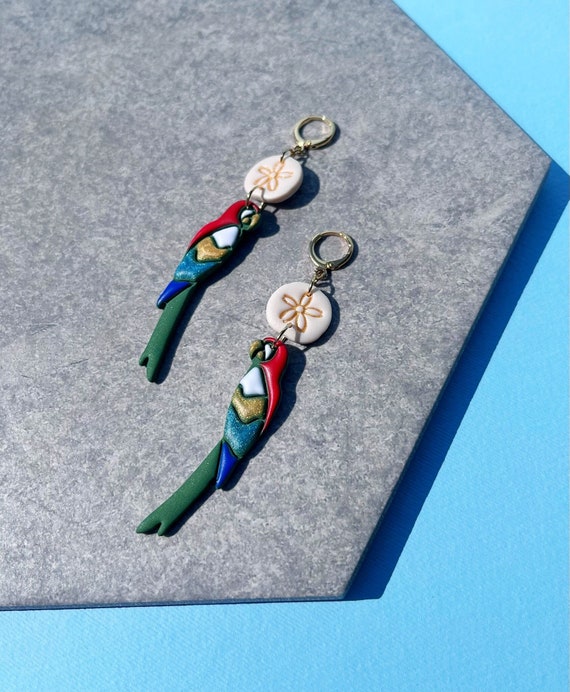 Tiki Room Earrings, Macaw Lightweight Clay Jewelry, Colorful Bird Disney Inspired Polymer Clay Hoops, Gift for Disney Parks Lover