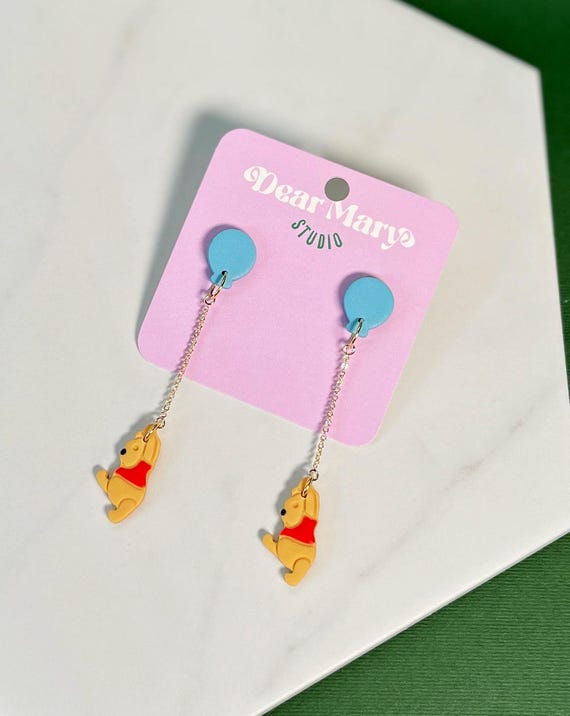 Pooh Bear Balloon Drop Earrings, Little Raincloud Winnie the Pooh Dangle Earrings, Cute Disney Lover Parks Accessory, Lightweight Handmade