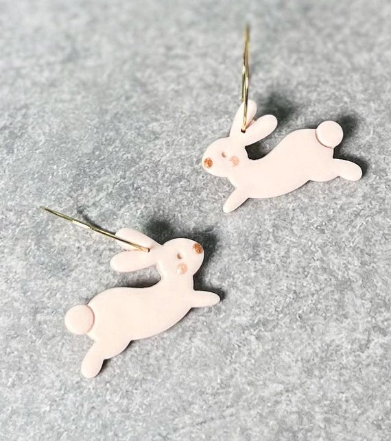 White Bunny Hoop Earrings, Spring Baby Animal Cute Hoops, Lightweight Polymer Clay Jewelry
