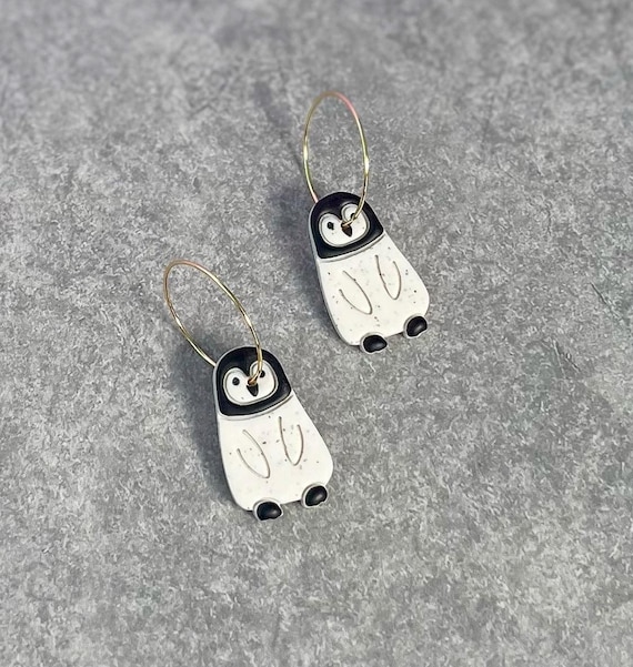Handmade Baby Penguin Hoop Earrings: Hypoallergenic Gold Hoops