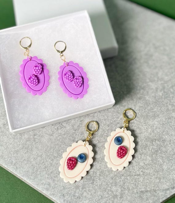 Berry Cute Cameo Earrings, Spring Berry Hoop Earring, Lightweight Polymer Clay Hoops