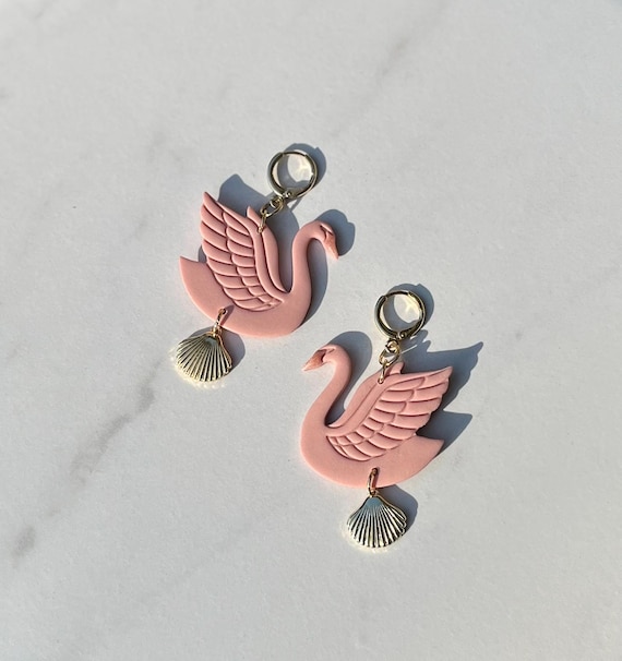 Elegant Swan Hoop Earrings in Pink and Gold, Seashells and Swans Gold French Lever Back Huggie Hoops