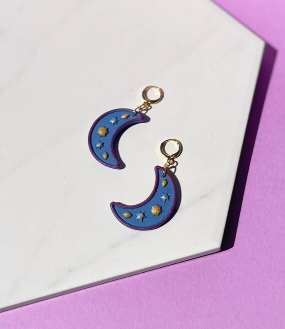 Folk Moon Hoop Earrings, Hand Painted Polymer Clay Fall Hoops, Cute Lightweight Halloween Earring