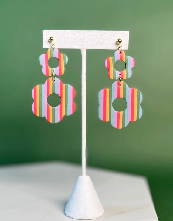 Mod Flower Dangle Earrings: Retro Polymer Clay Jewelry, Multiple Colors Available