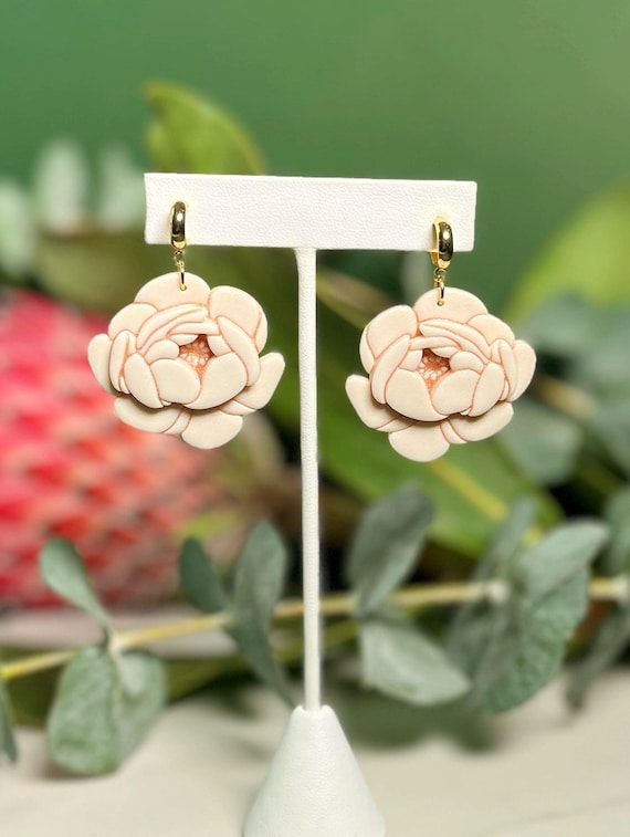 Peony Polymer Clay Earrings: Lightweight Floral Hoops, Multiple Colors Available