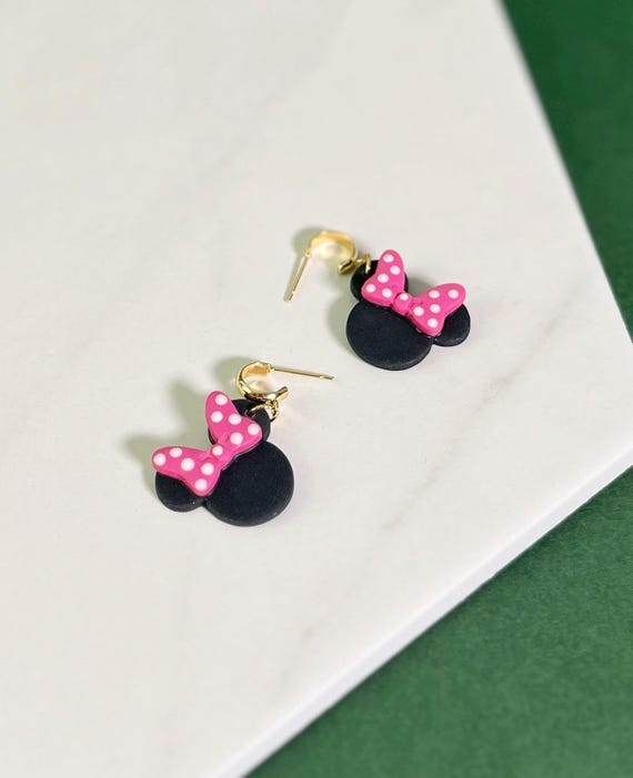 Minnie Mouse Inspired Hoop Earrings, Cute Mouse Bow Pink Polka Dot Earring, Disney Bound Theme Park Accessories and Jewelry