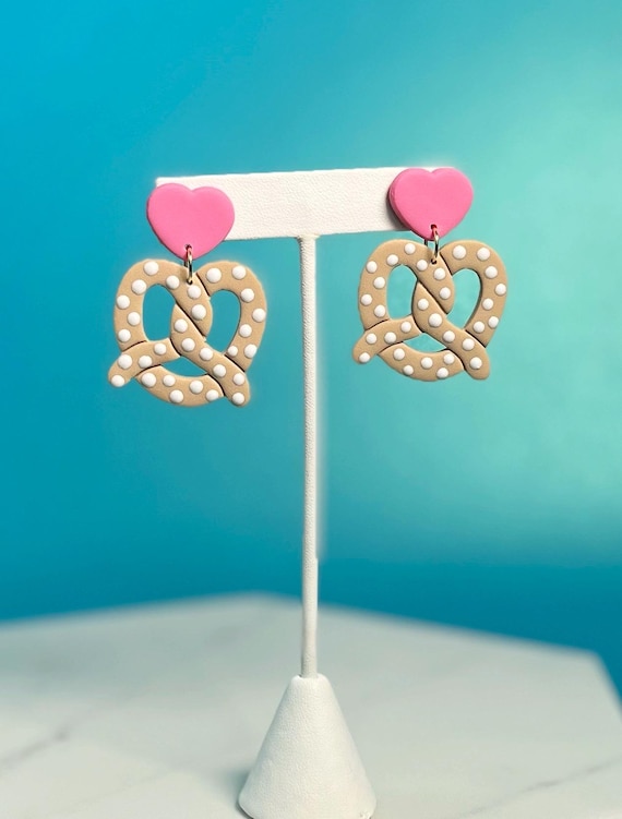 Pretzel Heart Drop Earrings: Handmade Polymer Clay Food Jewelry