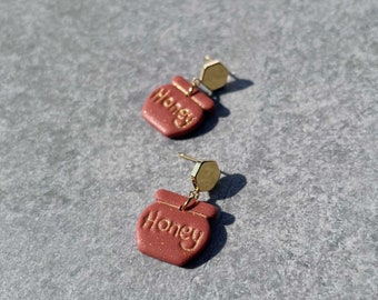 Cute Honey Pot Earrings, Beekeeper Gift Idea, Tiny Clay Food, Winnie the Pooh Inspired Jewelry