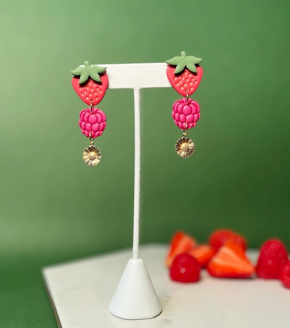 Strawberry Raspberry Dangle and Drop Earrings, Berry Cute Floral Lightweight Polymer Clay Earrings, Mother’s Day Gift Idea Jewelry