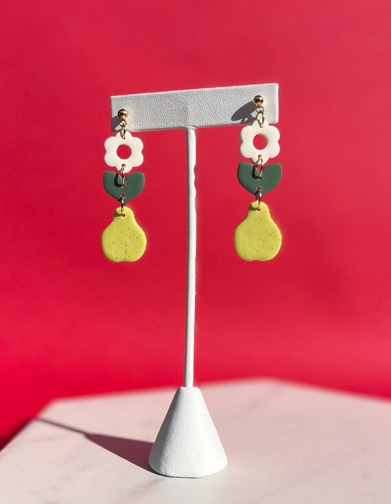 Pear Blossom Earrings, Tiny Fruit Drop Earring, Cute Quirky Food Lovers Holiday Accessory