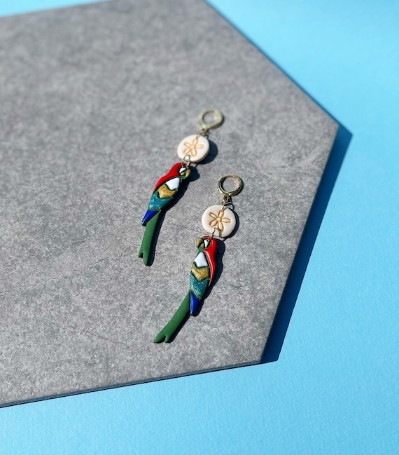 Tiki Room Earrings, Macaw Lightweight Clay Jewelry, Colorful Bird Disney Inspired Polymer Clay Hoops, Gift for Disney Parks Lover