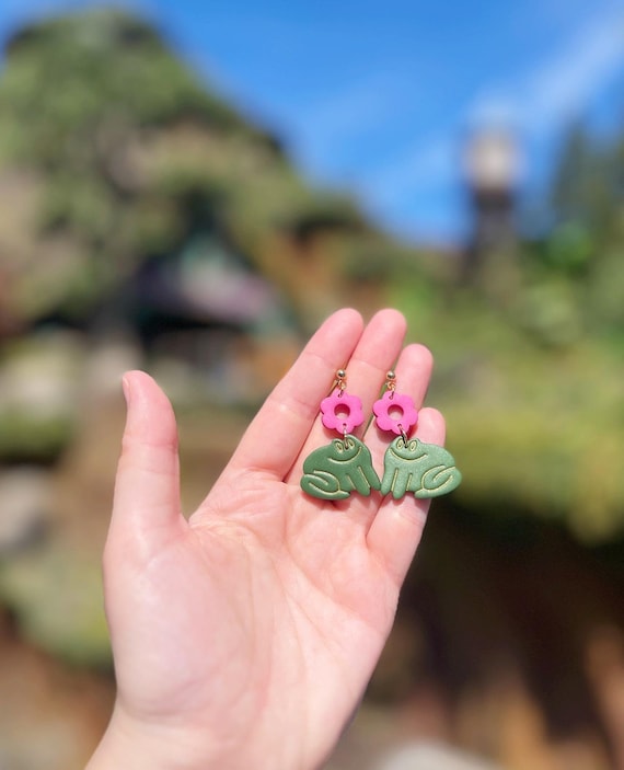 Frog and Flower Drop Earrings, Princess and the Frog Tiana Inspired Lightweight Jewelry, Polymer Clay Earring Disney Style