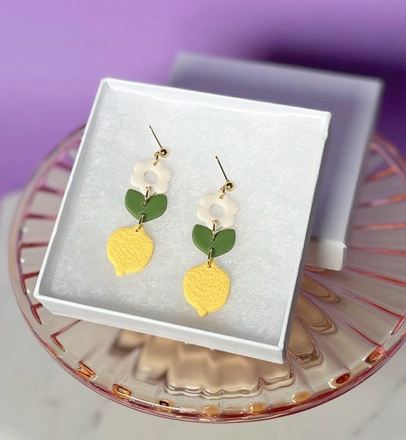 Handmade Polymer Clay Lemon Earrings, Floral Dangle Jewelry