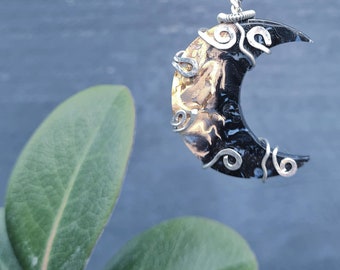 Palm Root Crescent Moon Wire-Wrapped Pendant