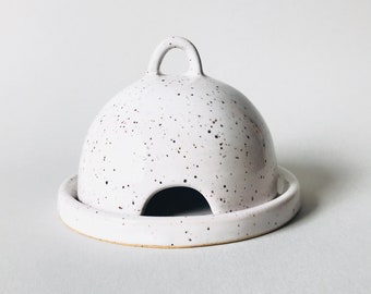 Butter Dish, Ceramic White Speckled Handmade with space for a Butter Knife