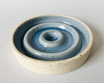 White or Blue Soap Dish, Ceramic Round Handmade Speckled