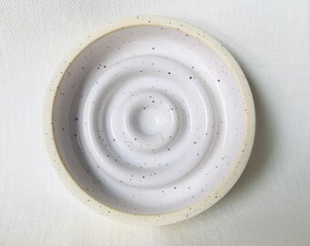 White or Blue Soap Dish, Ceramic Round Handmade Speckled