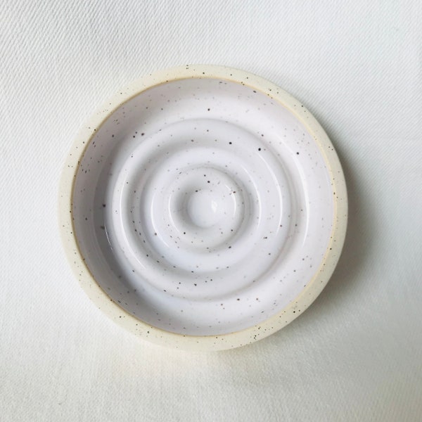 White or Blue Soap Dish, Ceramic Round Handmade Speckled